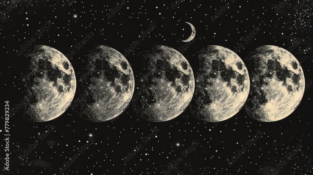 Poster a series of four images of the moon, each one slightly different from the one before it. the images 