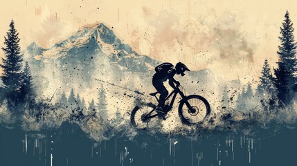 A man is riding a bike in the woods. The background is a mountain range