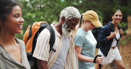 Group, hiking or friends in nature walking on outdoor adventure or talking on holiday vacation. Survival, explore trail or team of travellers in woods with people for trekking or diversity in Norway