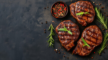 Steaks fried in a pan with spices on a dark background. Top view, copy space. Mockup.