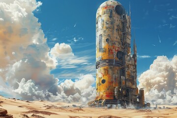 Digital painting of a futuristic building in a desert landscape, inspired by science fiction. - obrazy, fototapety, plakaty