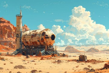 Digital painting of a futuristic building in a desert landscape, inspired by science fiction.