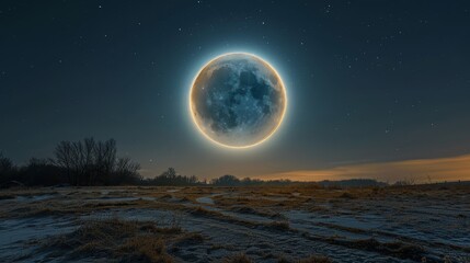 Fototapeta na wymiar A large glowing moon is in the sky above a field. The moon is surrounded by a glowing aura, creating a sense of wonder and awe. The scene evokes a feeling of tranquility and peacefulness