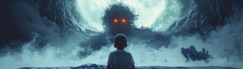 The artwork features a young child lying on a bed, bravely confronting a menacing creature in a shadowy landscape, depicted in a digital art style. - obrazy, fototapety, plakaty