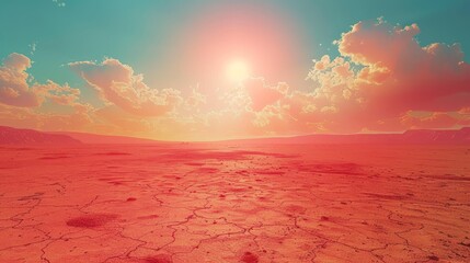 A desert landscape with a bright orange sun in the sky. The sky is filled with clouds, giving the scene a sense of depth and atmosphere