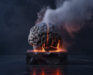Split Glowing Brain on Stone Pedestal: Conceptual Art for Intellectual Division and Reflection