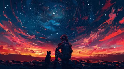 A man and his animal companion in advanced attire are sitting and gazing at the celestial streaks in the atmosphere, depicted in digital artwork with an illustrative painting style. - obrazy, fototapety, plakaty