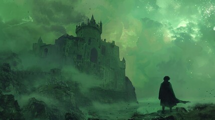 A man gazes at the enigmatic deserted fortress as the sky turns a vivid shade of green in the background, depicted in a digital art style reminiscent of an illustration.