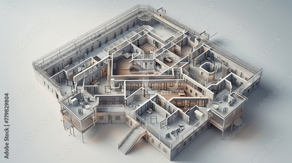 Poster a 3d rendering of a building with many rooms and a large open space. the building appears to be a pr