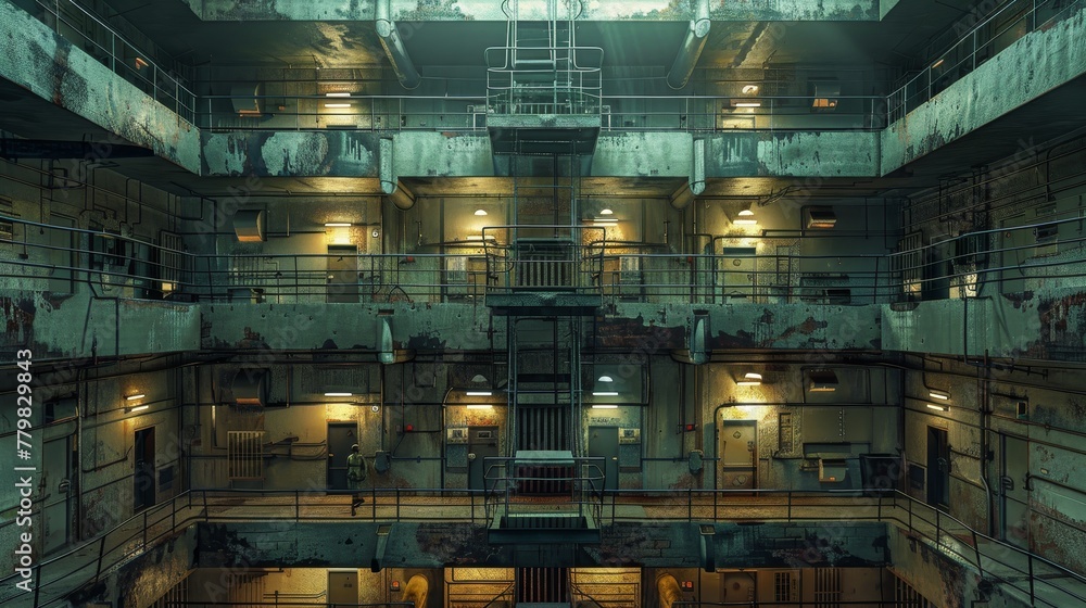 Poster a large, empty building with many windows and a lot of light. scene is eerie and desolate