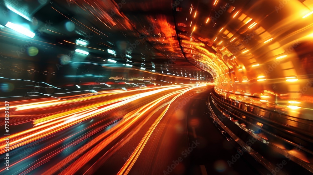 Poster a blurry image of a tunnel with lights and a car. the image has a sense of motion and energy, as if 