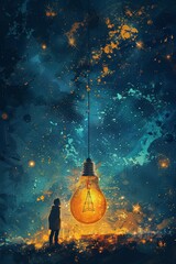 The young boy tugged at the large lightbulb partially buried in the earth under a starry night sky filled with space debris, in a digital art display reminiscent of an illustrative painting. - obrazy, fototapety, plakaty