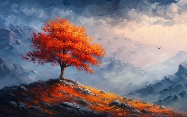 The solitary tree standing on the mountain creates a picturesque autumn scene, invoking feelings of coming home in this beautifully illustrated painting. - obrazy, fototapety, plakaty