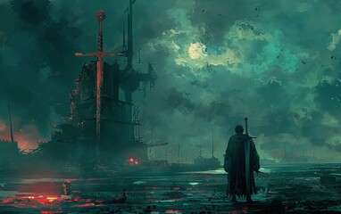 An ancient soldier gazing upon the deserted harbor, beholding a shattered colossal blade in a digital painting. - obrazy, fototapety, plakaty