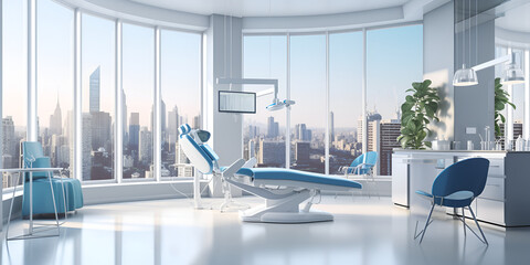 Fototapeta na wymiar a dentists clinic featuring a chair and desk for patient and white interior with medical equipment large wall glass windows from cityscape view is clear