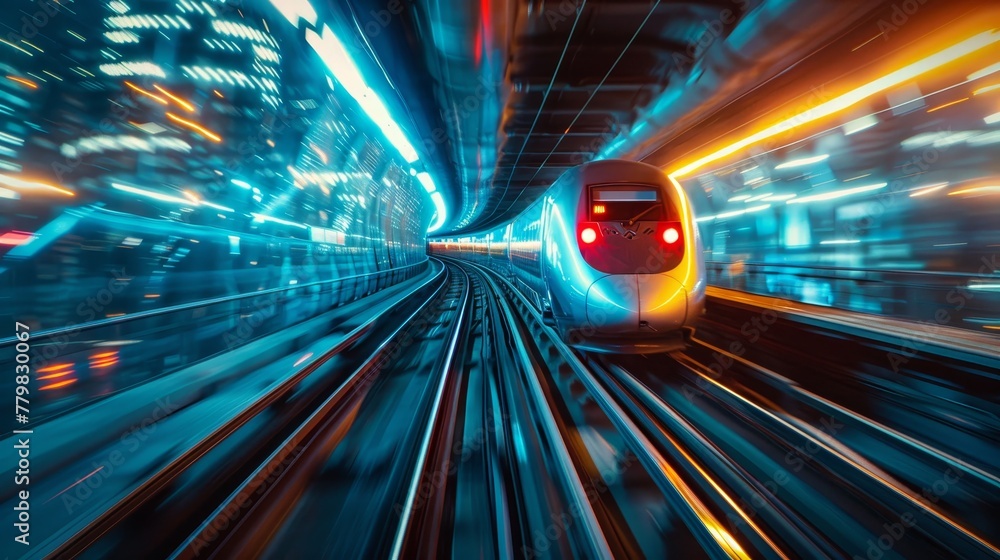 Poster a train is speeding through a tunnel. the tunnel is lit up with bright lights, creating a sense of e