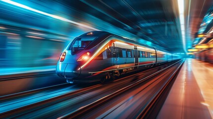A train is moving down the tracks with a bright blue and red stripe. The train is moving quickly and the lights are on, creating a sense of motion and energy