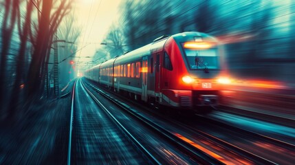 A train is speeding down the tracks, with the lights of the train shining brightly. Concept of motion and energy, as the train rushes past the viewer - obrazy, fototapety, plakaty