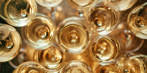 Many glasses of wine on a festive buffet table, top view.