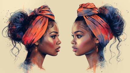 The image depicts an African American girl wearing a scarf in her hair in a soft pastel color. It is intended to be used as a social network avatar in soft pastel colors - obrazy, fototapety, plakaty