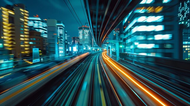 A city street with a train running through it. The train is surrounded by a bright blue sky and the city lights. Scene is energetic and bustling, with the train