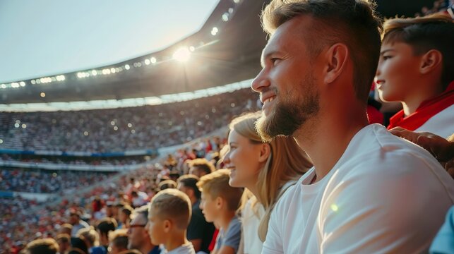 Familia feliz en un estadio de futbol. Concepto de evento deportivo. 