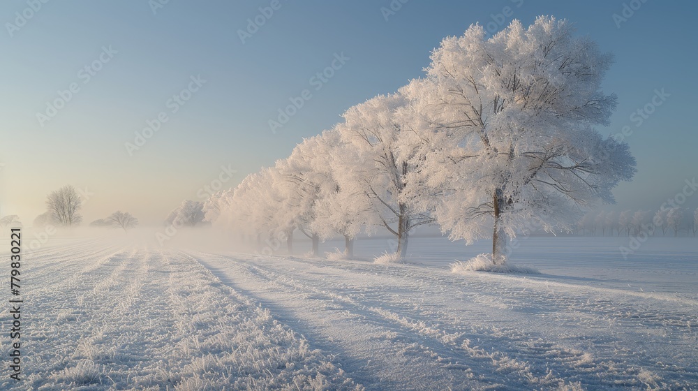 Poster a snowy field with a row of trees in the background. the trees are covered in snow and the sky is cl