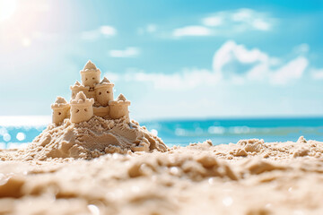 Fototapeta na wymiar A sand castle on an empty beach in a closeup shot on a sunny day, with a blue sky and sea in the background