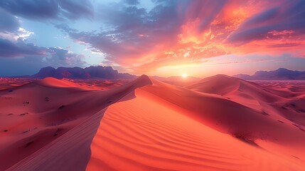 A vast desert landscape with towering sand dunes under a fiery sunset sky