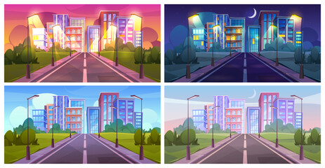 Urban landscape at different times of day, daylight and sunset, sunrise and evening or night. Vector set of roads with skyscrapers in distance. Cityscape or town district area, path to city