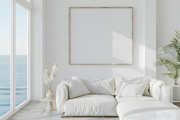 Frame & poster mockup in with Modern coastal living room with a soft color palette, natural textures
