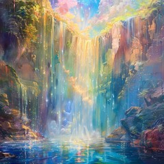 Ethereal rainbow waterfall Falling from the Heavenly Realm into the tranquil pool below.