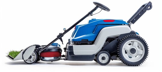 Sleek Blue and White Lawn Mower with Adventure-ready Design
