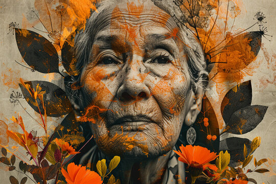Collage portrait painting art poster floral face nature ecology protection connection Generative AI technology