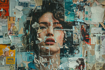 Collage portrait painting facial closeup eye contact print design art poster Generative AI technology