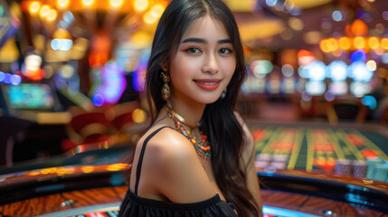 A woman is sitting at a slot machine, smiling and posing for the camera - 779830653
