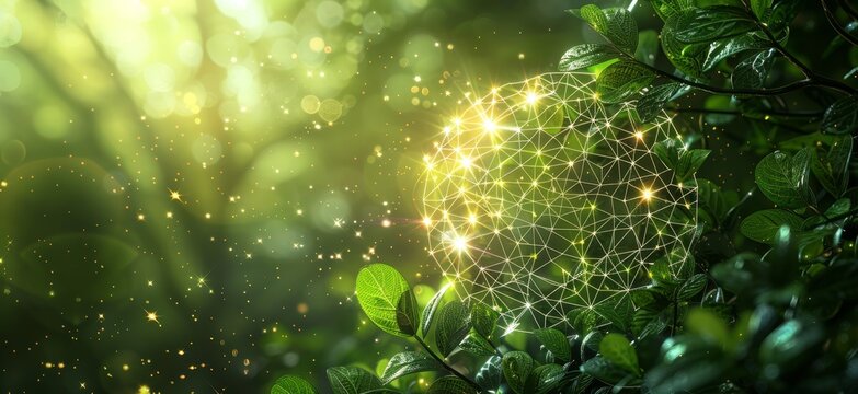 Abstract background with sacred geometry symbol of kabbalistic tree of life in white lines on blurred green nature forest, banner design. 