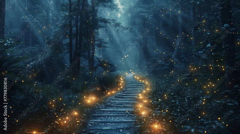 Poster a forest path is lit up with glowing lights, creating a mysterious and enchanting atmosphere. the li