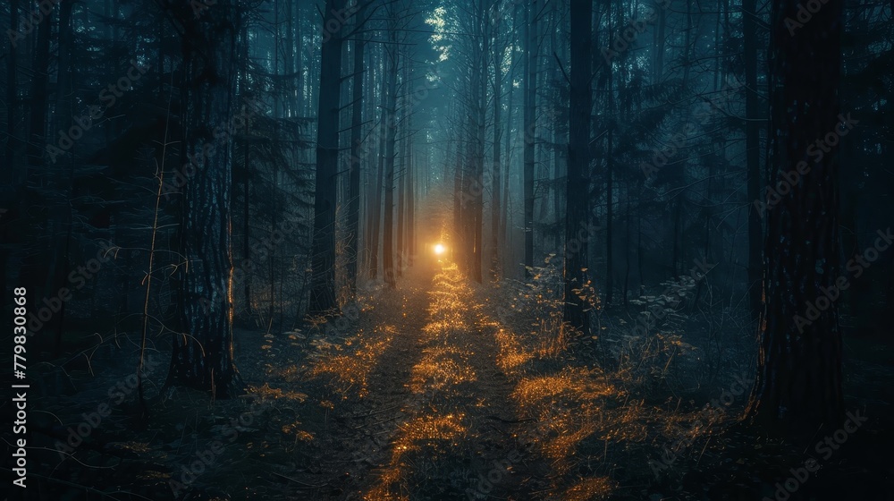 Poster a forest at night with a light shining through the trees. the light is the only source of illuminati