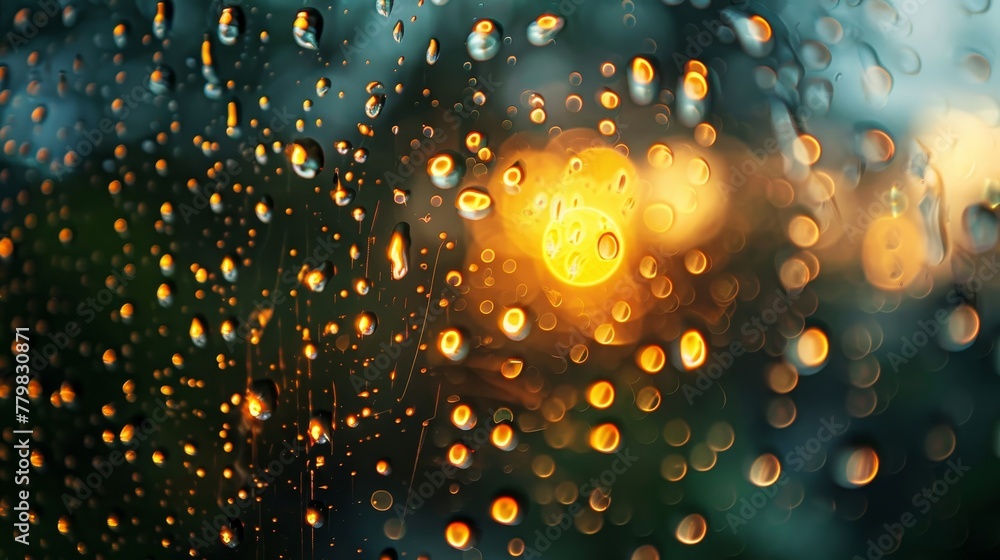 Poster a blurry image of raindrops on a window. the raindrops are scattered and overlapping, creating a sen