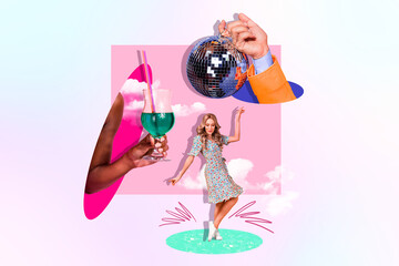 Composite photo collage of blonde girl dance cocktail hand shiny disco ball party leisure occasion...
