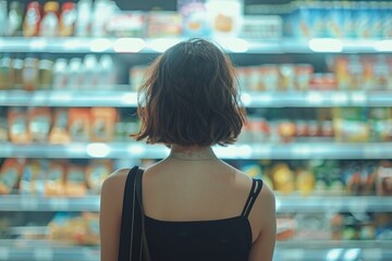Fototapeta na wymiar Young beautiful person deciding on groceries choosing food in convenience store organic meal healthy eating habits supermarket market customer looking for a lunch