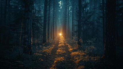 A forest at night with a light shining through the trees. The light is the only source of illumination in the dark woods