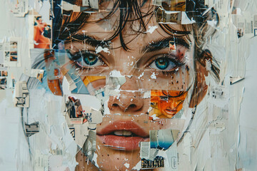 Collage portrait painting facial closeup eye contact print design art poster Generative AI technology
