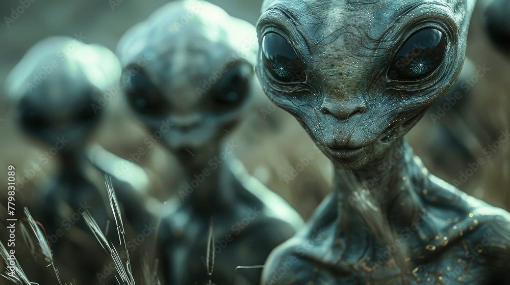Poster a group of aliens with glowing eyes and a creepy appearance. the aliens are standing in a field of t