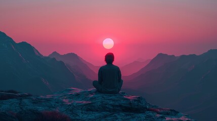 A man is sitting on a rock overlooking a beautiful mountain range with a sunset in the background. Concept of peace and tranquility