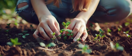 Close up of woman's hands planting a seed in the ground - Powered by Adobe