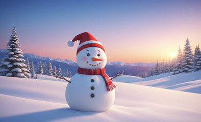Fototapeta premium snowman with hat and scarf