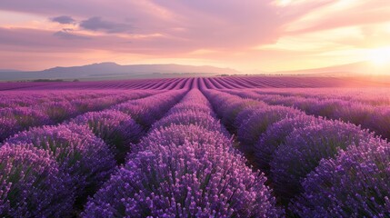 A field of lavender flowers with a beautiful sunset in the background. The sky is filled with clouds, and the sun is setting, casting a warm glow over the field. The lavender flowers are in full bloom - obrazy, fototapety, plakaty