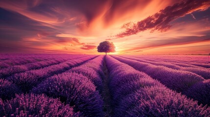 A field of lavender with a tree in the middle. The sky is orange and purple